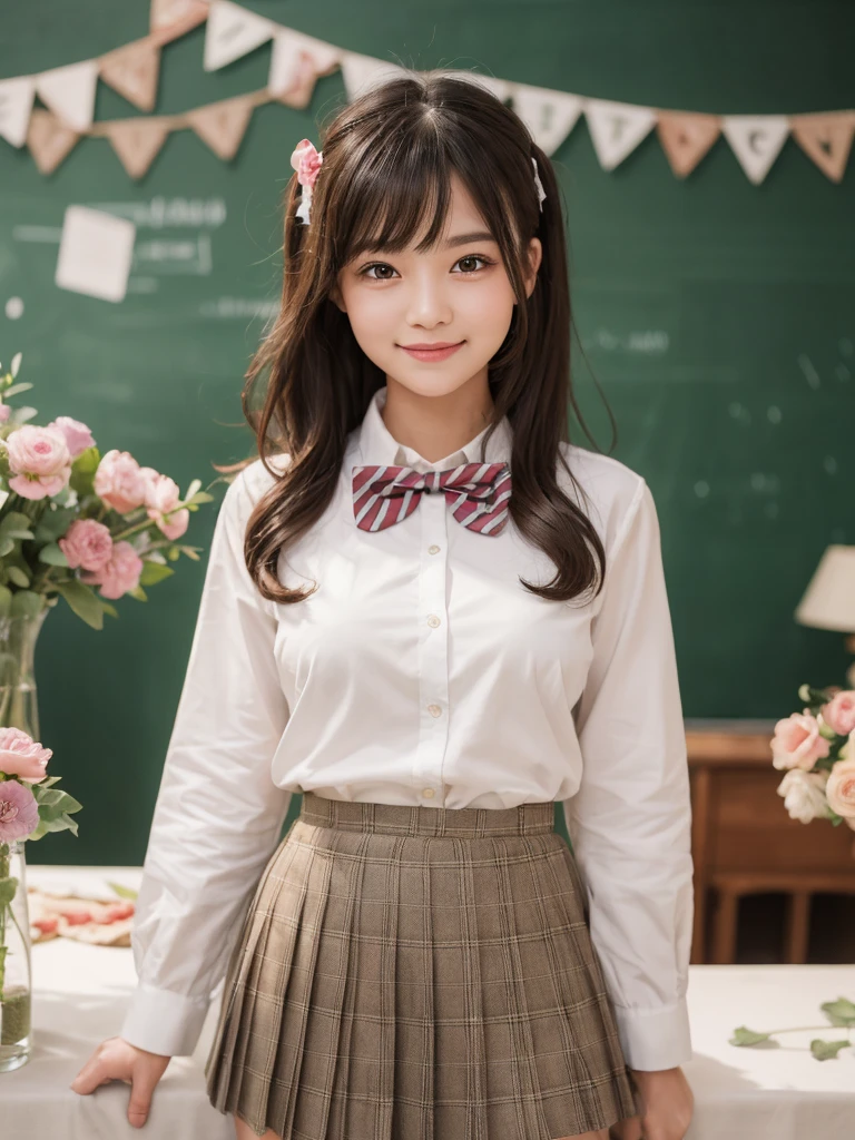 (1woman), bob hair, (round eyes:1.2), (highly detailed face and eyes), big smile,  Amazing face and eyes, (school uniform, skirt, bow tie:1.3), (Best Quality:1.4), (Ultra-detailed), (extremely detailed CG unified 8k wallpaper), Highly detailed, High-definition raw color photos, Professional Photography, Realistic portrait, indoors, (casual room, cute wallpapers:1.3), (A moment of relaxation), model, (studio photo shoots, cute backgrounds, many flower decorations), depth of fields, (fine face:1.2), summer,