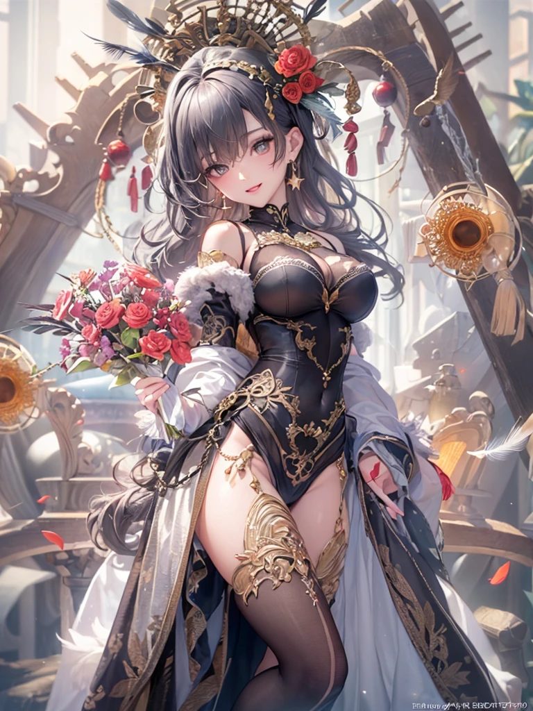 The best masterpiece ever、Beautiful beauty, 3D 2D, rich,skirt, stockings, High heels, Star、(Very detailed CG Unity 8K wallpaper),(masterpiece), (Highest quality), (Very detailed), (Best Work),(Best Shadow), (sharp eyeliner, eye shadow, fine eye:1.1), (超High resolution,Realistic,Realistic),(8K,RAW Photos),Mature Woman、Sensual curves、Huge breasts、Thighs、bubble、Ass masterpiece, full body shot, Beautiful woman, Captivating smile, Thick lips, plump lips, blush, Looking at the audience, Provocative expression, Beautiful hairstyle, Cleavage, plump、Curvy Hips、Attractive face、An inviting gaze、Expressing emotions、(((Sexy Dress)))、Gorgeous Accessories 、colored feather, metal ornaments, colored Flowers, particle, Light, (1 Girl:1.3),(Fractal Art:1.1),(colorful:1.1)、(Flowers:1.3),Most detailed, (Dynamic pose), (Abstract background:1.3), (Shiny skin), (Many colors :1.4), ,(Earrings:1.4), (feather:1.4),Mr.々Hair style,Gold headband,Ample breasts,Greek clothing,Tulle covers the chest,perfect balance, Costume details Details,marble,cinematic Lighting, Film Grain, High detail, Openwork decoration,(((Colorful high-end dresses)))、(((Anatomically correct body))) ,Big Breasts,Cowboy Shot, blush, (((1 Girl))), Perfect Face, (((Highest quality))), (Very detailed), detailed face and eye, (alone), High resolution、Beautiful eye,(((Sexy pose)))、(((Well-formed big breasts)))、((Beautiful eyes))、luxury、(((超High resolution)))、(((Detailed Description)))、(((Body parts that correspond to anatomical structures)))、Beautiful long lashes、Balanced body type,The legs and arms are just the right size、Fishnet tights、glamorous、(((Clear white and black eye)))、lipstick、(Undistorted face, eye, body)、jewelry、gem、(Long, curly, beautiful eyelashes)、(((Well-balanced beautiful breasts)))、(transparent, Exquisite skin:1.2)、(((Perfect glamorous body)))、Actress's face、Super beautiful、Cute Smile、Healing beauty、Flower Shower、(((Perfect Eye)))、Realistic depiction、super sexy、Shiny、glamorous、Excellent shadow correction、(((