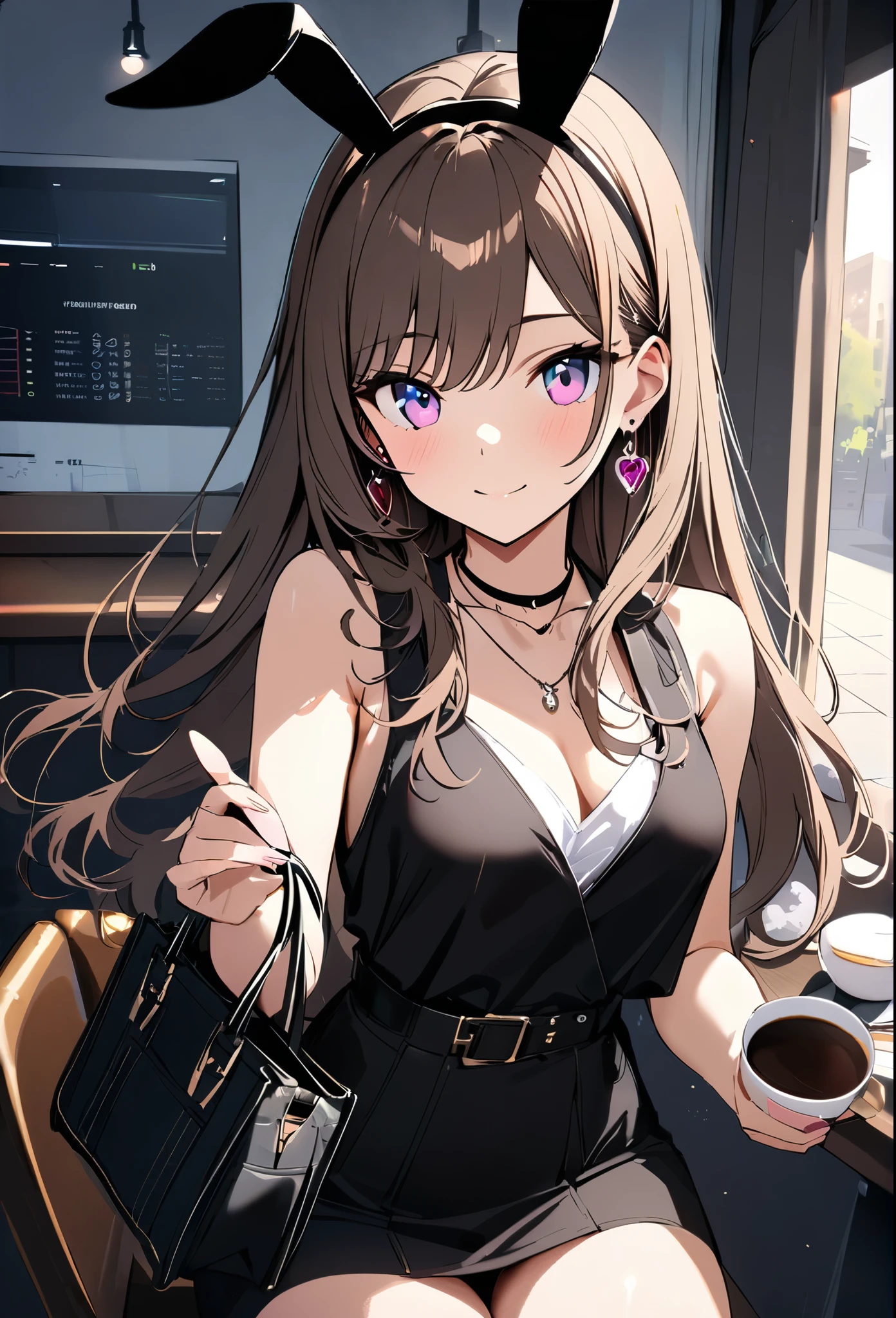 masterpiece, highest quality, Super fine, super fine, 4k, 8K, highest quality, beautiful, cute woman, alone, (beautiful Brown hair, blue eyes, beautiful pink eyes, beautiful eyes, long hair, Bunny ears, smile),
Break Company、Business service、coffee,
break prada, necklace, earrings, accessories, bag,
great lighting, bloom, Exceptional resolution, Super detailed, highest quality, High resolution, Audio Notes,
