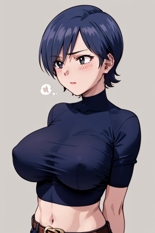 (beautiful detailed eyes, beautiful detailed hair, perfect detailed body), mikictr, 1girl, solo, black eyes, short hair, closed mouth, lipstick, blush, sagging large breasts, crop top, no bra, midriff, navel, upper body:1.5, standing, belt, blue short shorts, simple background