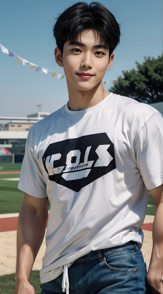 (As a matter of fact, Masterpiece, 8k HD, good light quality, sportswear, fit the face, complicated details), A handsome, muscular young Korean man. , 20 years old, be happy, smile brightly, detailed face, delicate eyes, มองดูsky, Wear casual clothes, period, black eyes, Black hair color, ผมsmooth, smooth, outdoor sports, Along the garden, Sunny,sky，Surreal，Awesome details，Highest quality，real，