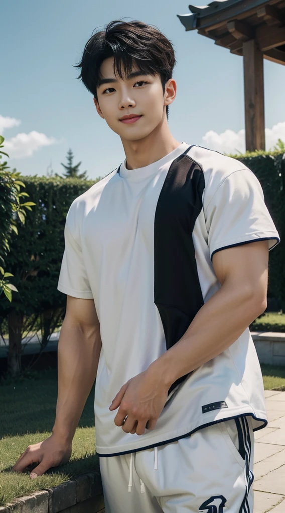 (As a matter of fact, Masterpiece, 8k HD, good light quality, sportswear, fit the face, complicated details), A handsome, muscular young Korean man. , 20 years old, be happy, smile brightly, detailed face, delicate eyes, มองดูsky, Wear casual clothes, period, black eyes, Black hair color, ผมsmooth, smooth, outdoor sports, Along the garden, Sunny,sky,Surreal,Awesome details,Highest quality,real,