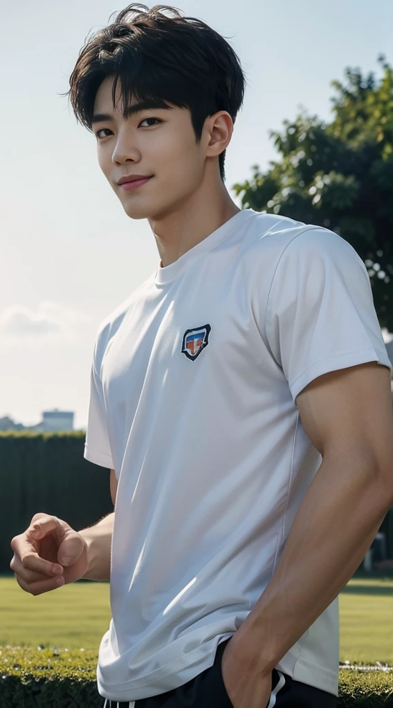 (As a matter of fact, Masterpiece, 8k HD, good light quality, sportswear, fit the face, complicated details), A handsome, muscular young Korean man. , 20 years old, be happy, smile brightly, detailed face, delicate eyes, มองดูsky, Wear casual clothes, period, black eyes, Black hair color, ผมsmooth, smooth, outdoor sports, Along the garden, Sunny,sky,Surreal,Awesome details,Highest quality,real,