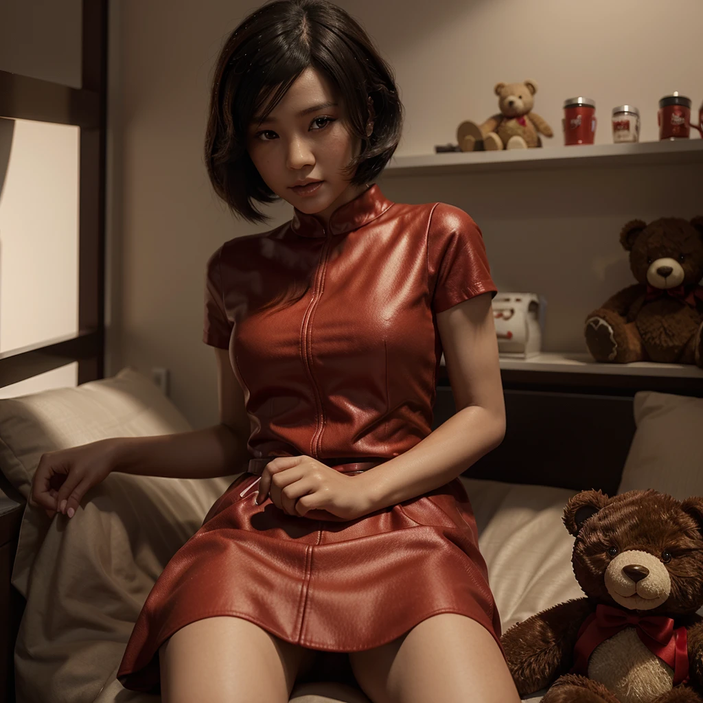 A photo of an 5-year-old Ada Wong wearing a red dress and holding a teddy bear. ???, , slim, short black hair, brown eyes, fair skin. (Digital 3D artwork)