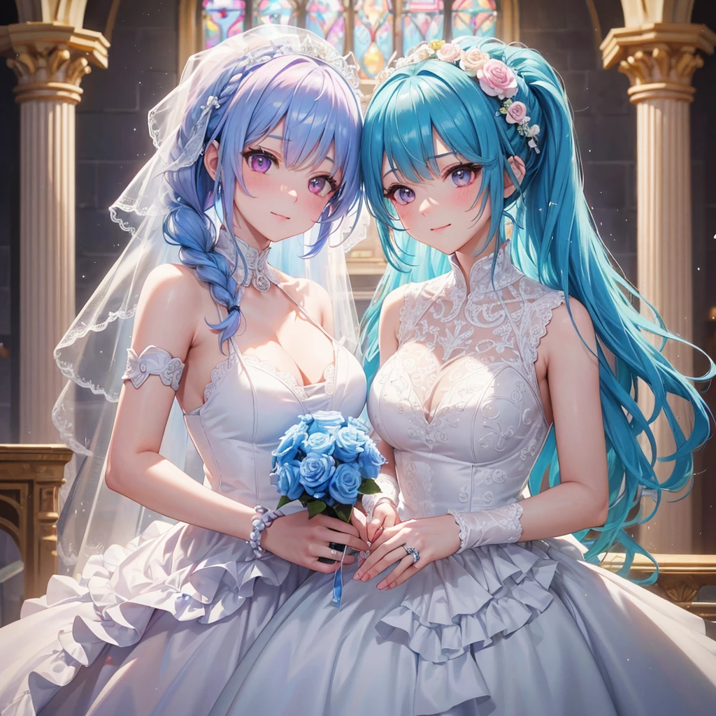 Sky blue hair, (One braided ponytail),(Pink Eyes),Fair skin ,(whole body),(One girl),bride,A big smile,Straight bangs, 6月のbride,Wedding dress,(masterpiece, Highest quality, Very detailed, Best Shadow), (Detailed Background), (Beautifully detailed face), High Contrast, (Best lighting, Very delicate and beautiful), ((Cinematic Light)), colorful, Hyper Detail, Dramatic Light, Intricate details,Chapel background,A bouquet of roses in the right hand,Ring on left ring finger,