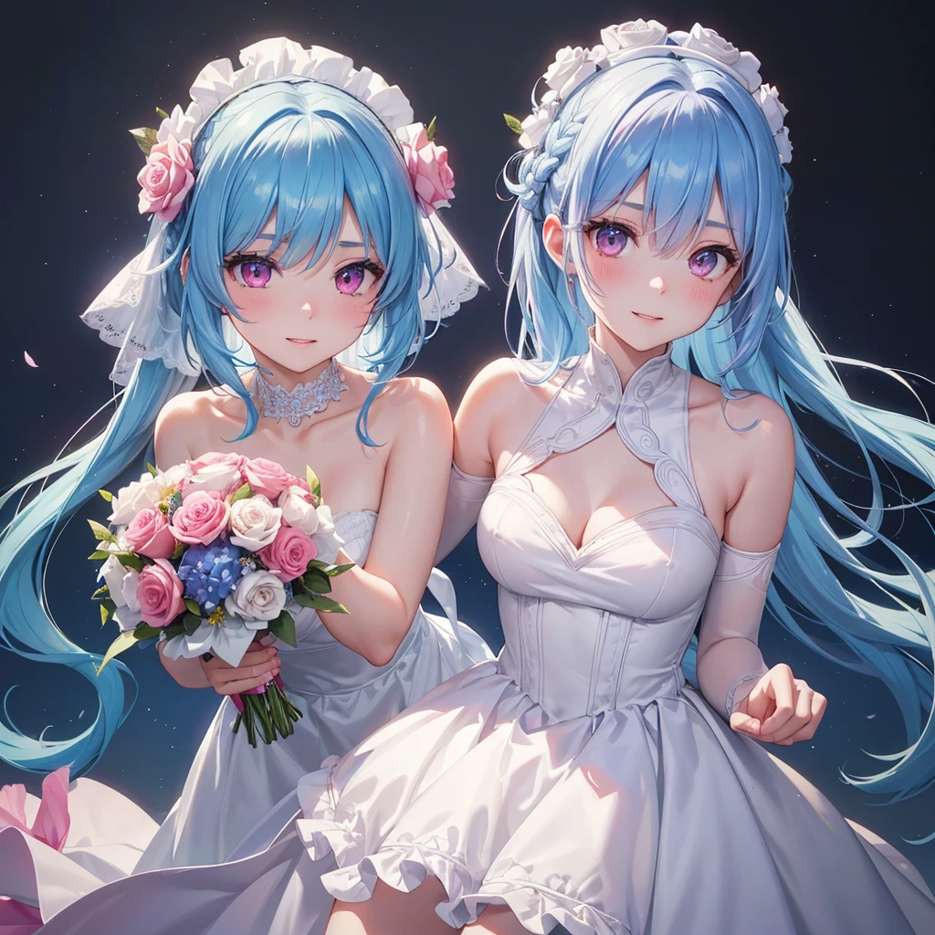 Sky blue hair, (One braided ponytail),(Pink Eyes),Fair skin ,(whole body),(One girl),bride,A big smile,Straight bangs, 6月のbride,Wedding dress,(masterpiece, Highest quality, Very detailed, Best Shadow), (Detailed Background), (Beautifully detailed face), High Contrast, (Best lighting, Very delicate and beautiful), ((Cinematic Light)), colorful, Hyper Detail, Dramatic Light, Intricate details,Chapel background,A bouquet of roses in the right hand,Ring on left ring finger,