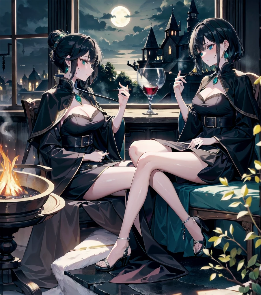 absurdres, RAW photo, extremely delicate and beautiful, masterpiece, Best Quality, ultra high resolution, 32k, hyperrealistic, ultra-detailed, in her 20s, delicate facial features, tearful mole, earring, medium breasts, full body shot, shorter middle hair, black hair, beautiful witch in her alchemist room, working on her project with a steaming cauldron filled with green glowing smoke, against the backdrop of a fantasy night with a full moon and a view from the window, dressed in a traditional witch outfit,
