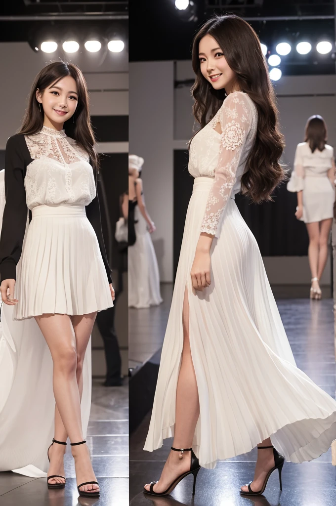 Amazingly large eyes、Smiling face、H cup bust、50cm waist、Slender and fair-skinned、Japan woman with long hair、20-year-old、Slim figure、Wearing a pale-colored pleated skirt and a sheer lace blouse、Wearing high heels。On the runway at a fashion show、Her whole body was shown, from her high heels to her head, as she walked towards the viewer.、Bright, photo-quality images。