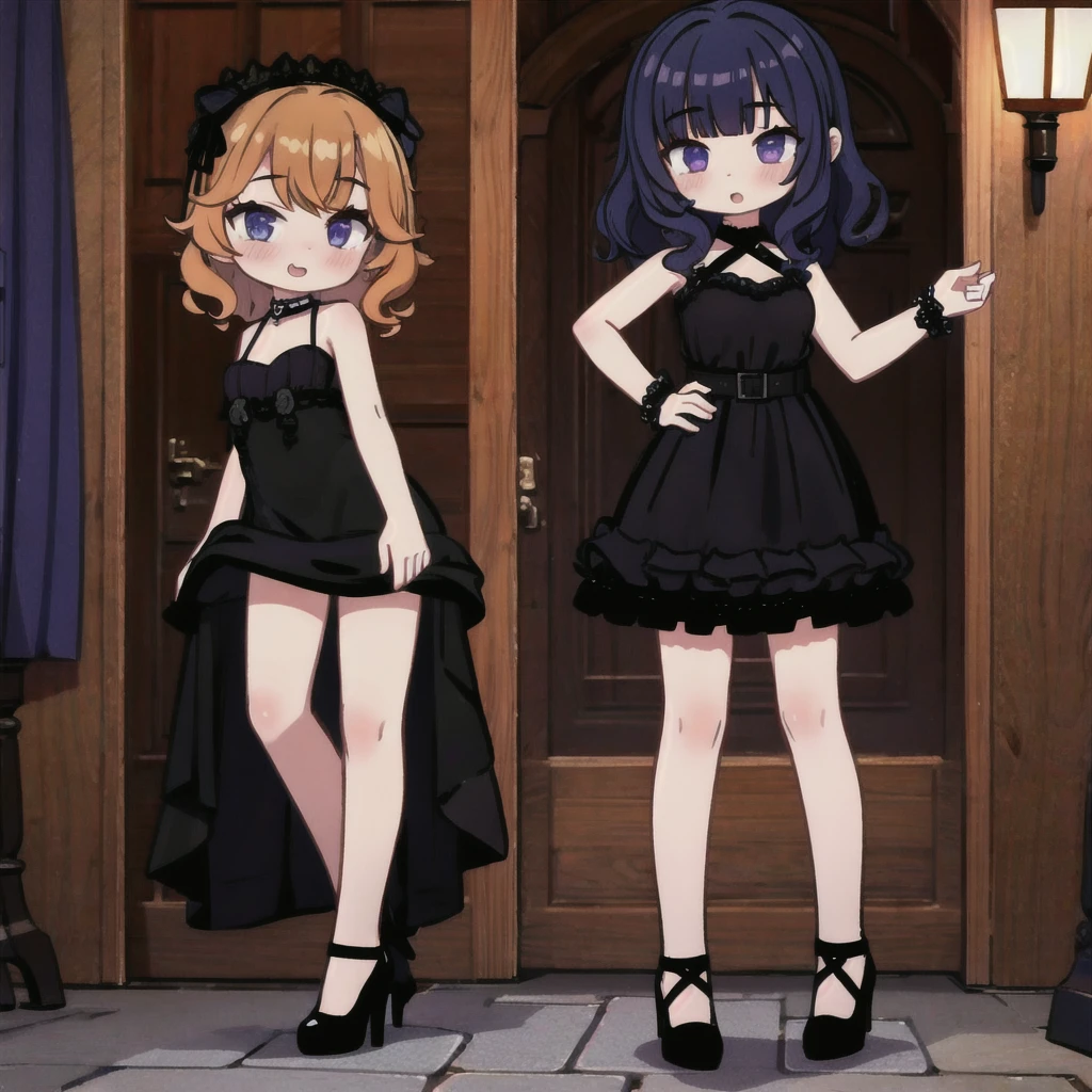 1 girl, short fibers, Curly hair, black dress, fitting dress, Short dress, High heel shoes, sexy poses