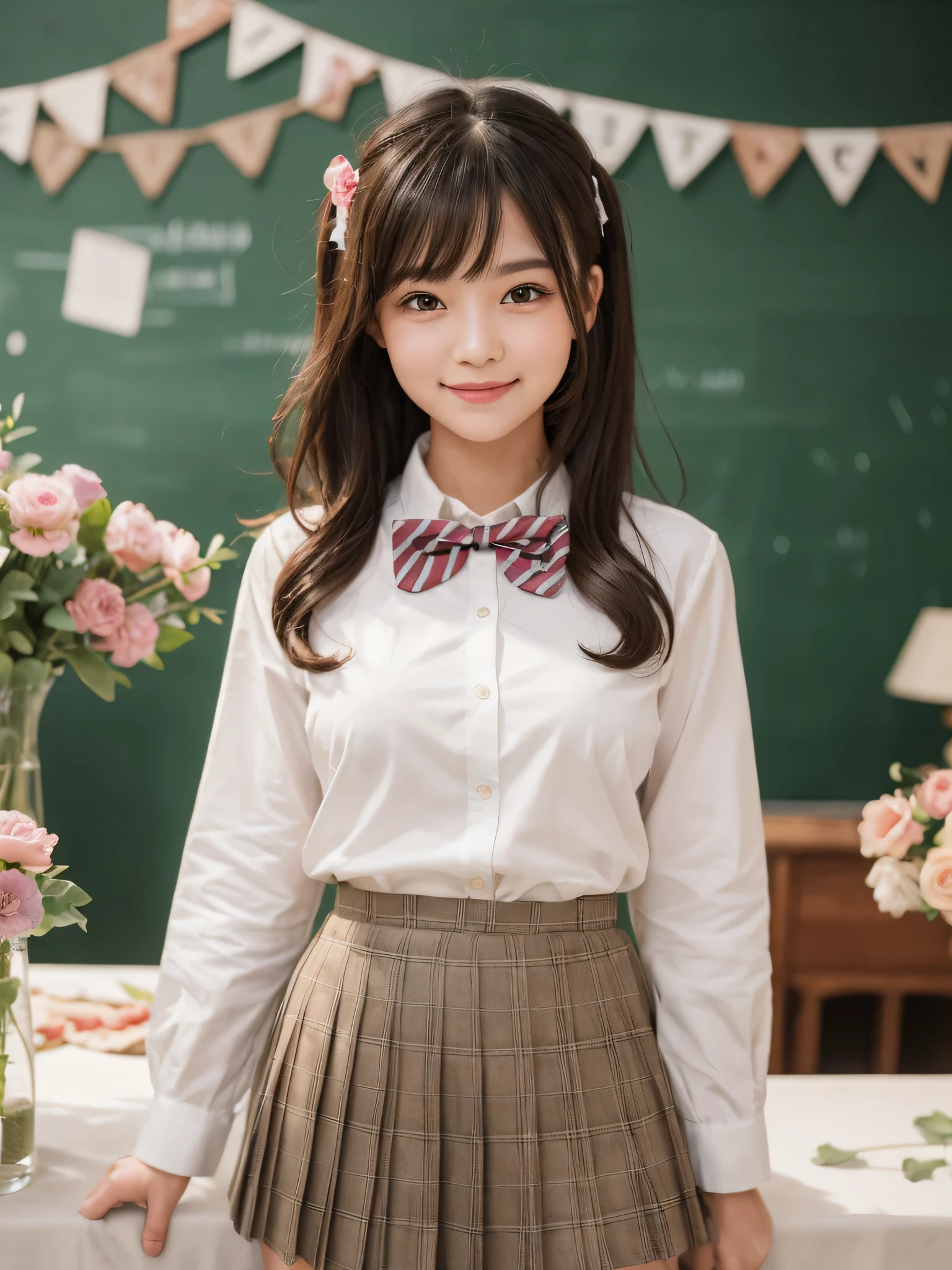(1woman), bob hair, (round eyes:1.2), (highly detailed face and eyes), big smile, Amazing face and eyes, (school uniform, skirt, bow tie:1.3), (Best Quality:1.4), (Ultra-detailed), (extremely detailed CG unified 8k wallpaper), Highly detailed, High-definition raw color photos, Professional Photography, Realistic portrait, indoors, (casual room, cute wallpapers:1.3), (A moment of relaxation), model, (studio photo shoots, cute backgrounds, many flower decorations), depth of fields, (fine face:1.2), summer,