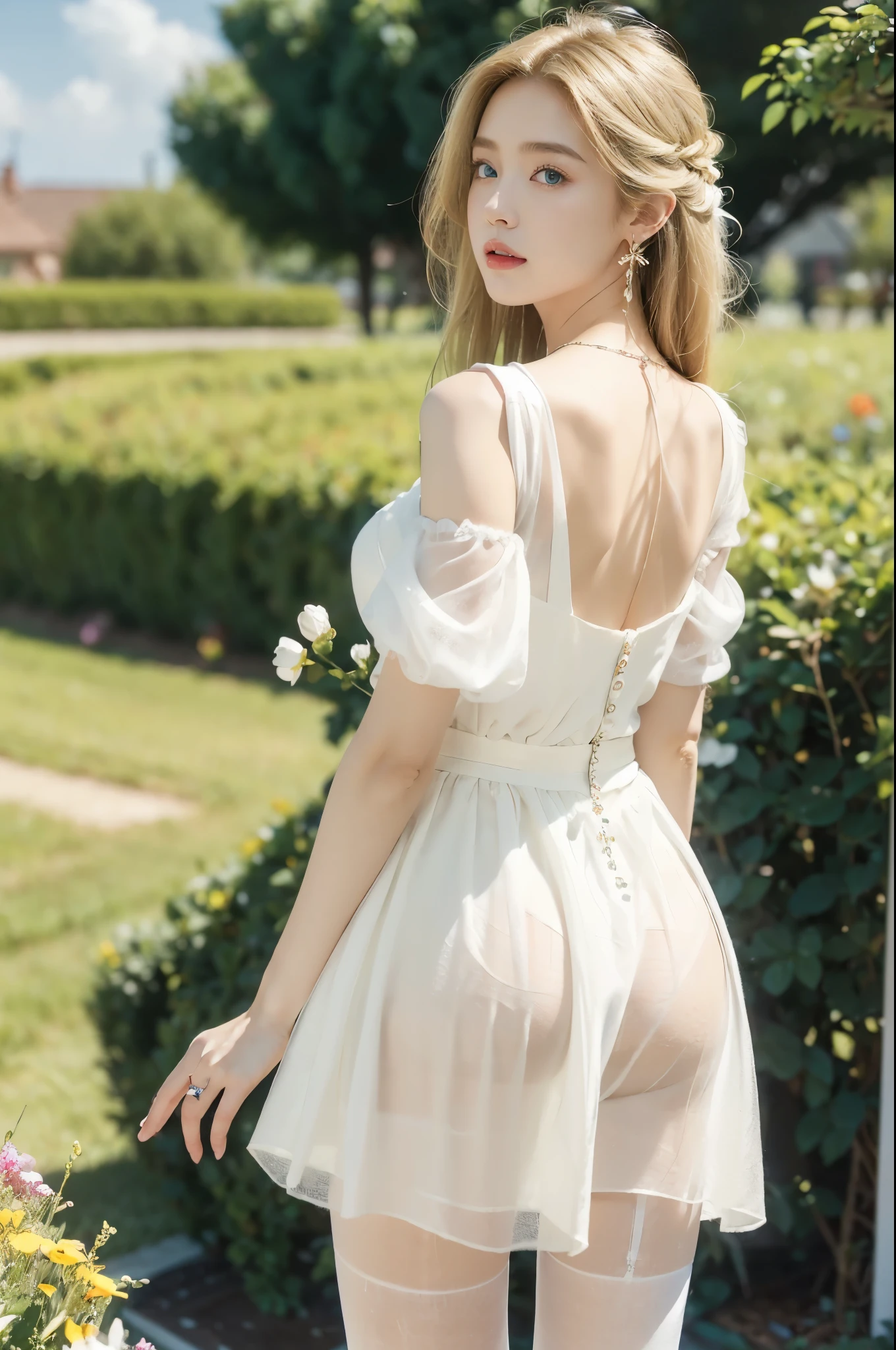 (((best quality))), (((ultra detailed))), (((masterpiece))), illustration,((1 beautiful ,solo,angel)),((fair skin,shoulder length straight blonde hair,blue eyes)),((slim,thin)),(earrings,crystal necklace),((bare back,towering hips,butt crack)),joyful expression,(flowing short-sleeved white sheer dress:1.3),((In heaven, garden setting)), vibrant flowers,(colorful flowers:1.3),lush grass, gentle breeze, (clear sky, fluffy clouds, shining sun),((from back,standing,upper body,thighs,pantyhose))