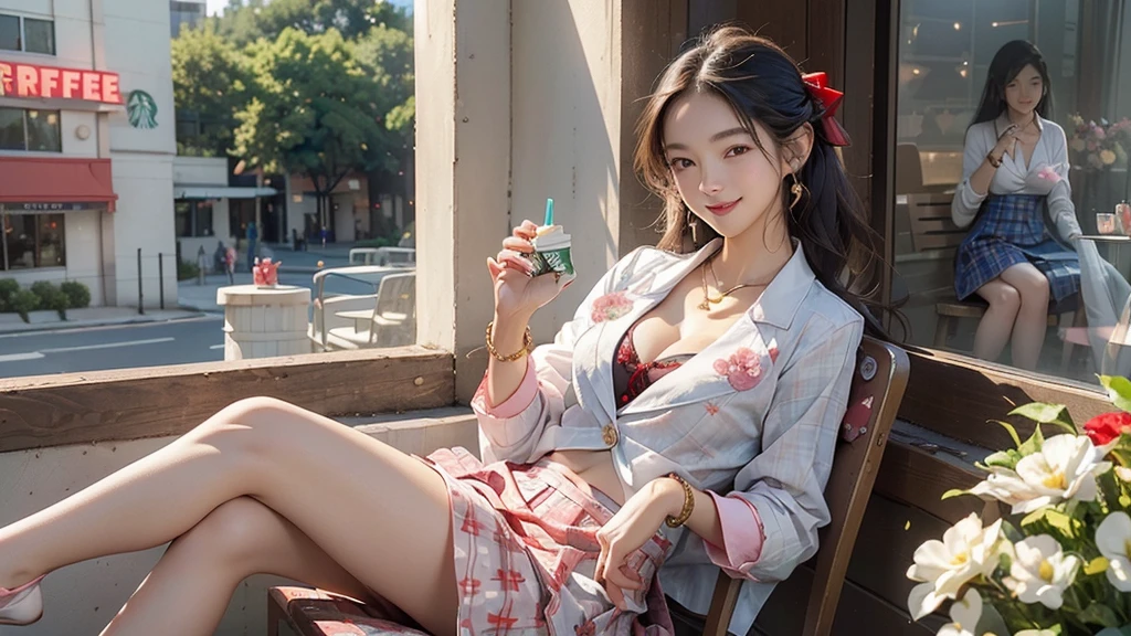 8K、RAW Photos、Highest quality、Super detailed、Super Resolution、Ultra HD、8K壁紙、Amazing details blazer uniform girl ((White blouse with formal collar, Blue Blazer,
Red Check Skirt, Red checkered ribbon on blouse)), Complete limbs, Full Finger,
(((((Starbucks outdoor cafe at the intersection)))))、((16 year old female student))、(((((Eat cake、Drink coffee、smile)))))、(((Heart Necklace、Gold bracelet)))
(((Emphasize cleavage)))
(((((Woman sitting at the window seat)))))
((((Pink floral panties and bra are visible))))
((((Full body photo、The whole body is visible、Full body portrait))))