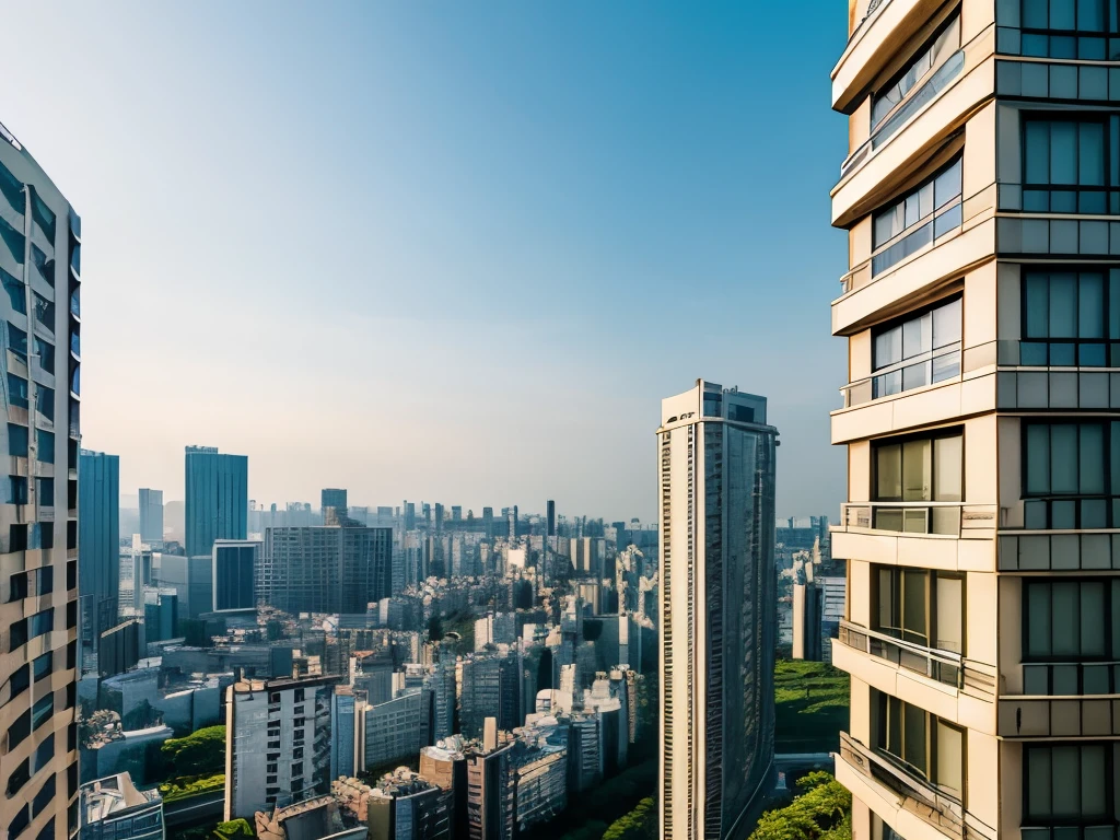 theme「High-rise apartment building、Tokyo with its rows of buildings」、Style「realism」「Realistic」、composition「A view from the sky」、background「Grassland, cliffs and sea」、「Natural light」、High quality