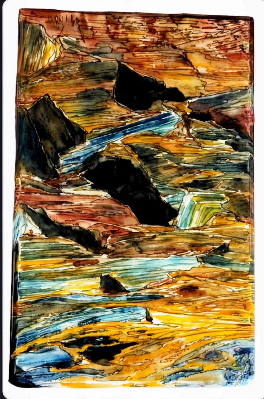 Mountain scenery, flowing water, sunset clouds,The colors are distinct and blended,Clear changes in light and shadow,Silky smooth and delicate watercolor painting