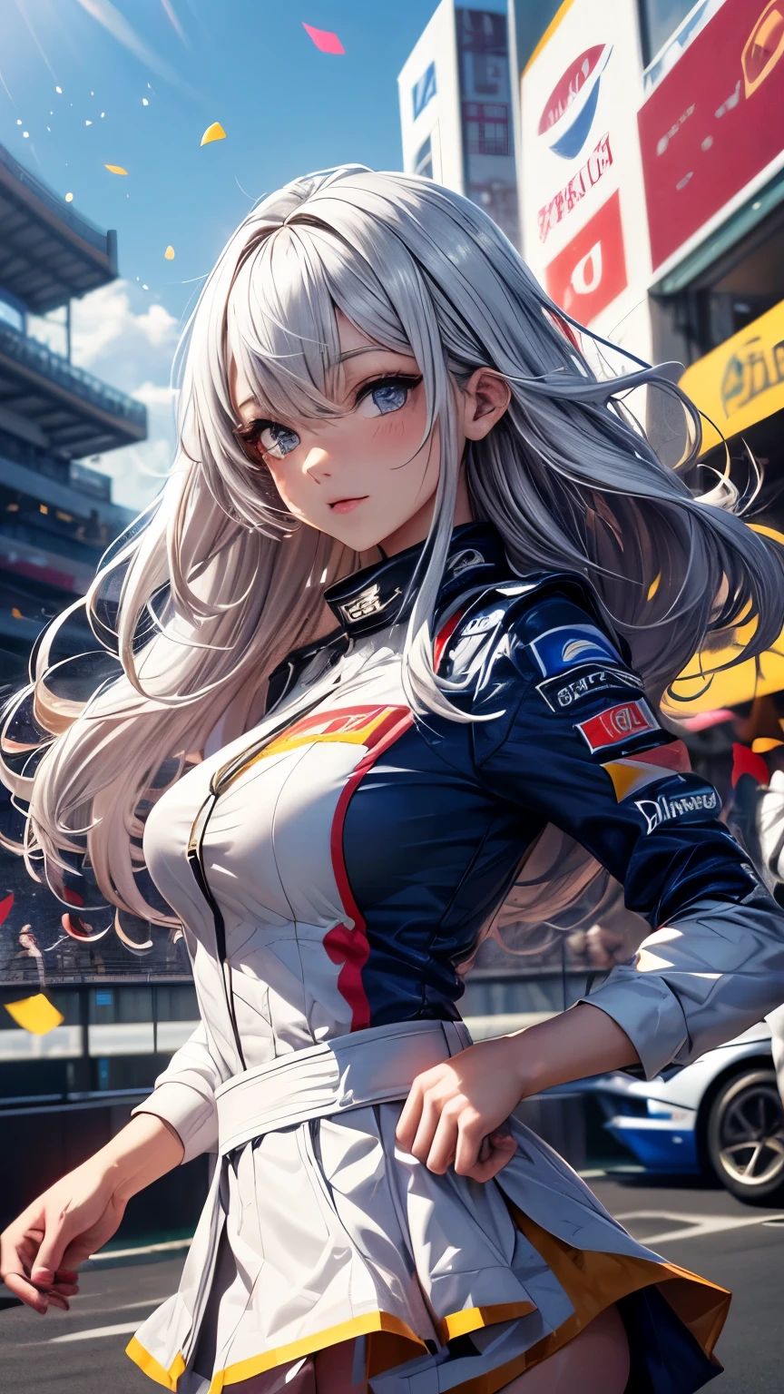 Highest quality, Super quality, 16K, Incredibly absurd, Very detailed, 2.5D, delicate and dynamic, blue sky, Confetti, Racing Car, Flag, Small face, Extremely delicate facial expression, Delicate eye depiction, Extremely detailed hair, Upper body close-up, erotic, sole sexy Japanese lady, healthy shaped body, 22 years old lady, Race Queen, huge firm bouncing busts, white silver long hair, sexy long legs, Glowing Skin, , 派手なRace Queenのコスチューム, blue tight skirt, white leather long boots, Formula 1, Auto Racing Track
