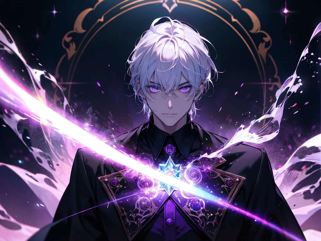 a man with glowing head and arms in front of a purple light, aura de nebulosa em torno do assunto, cosmic horror concept art, portrait powerful magical scientist, Making Red Potions in Your Lab with Holographic Magic Circles, dark sci-fi art, aura negra brilhante, Galactic Entity, flying pages white shirt, short white hair