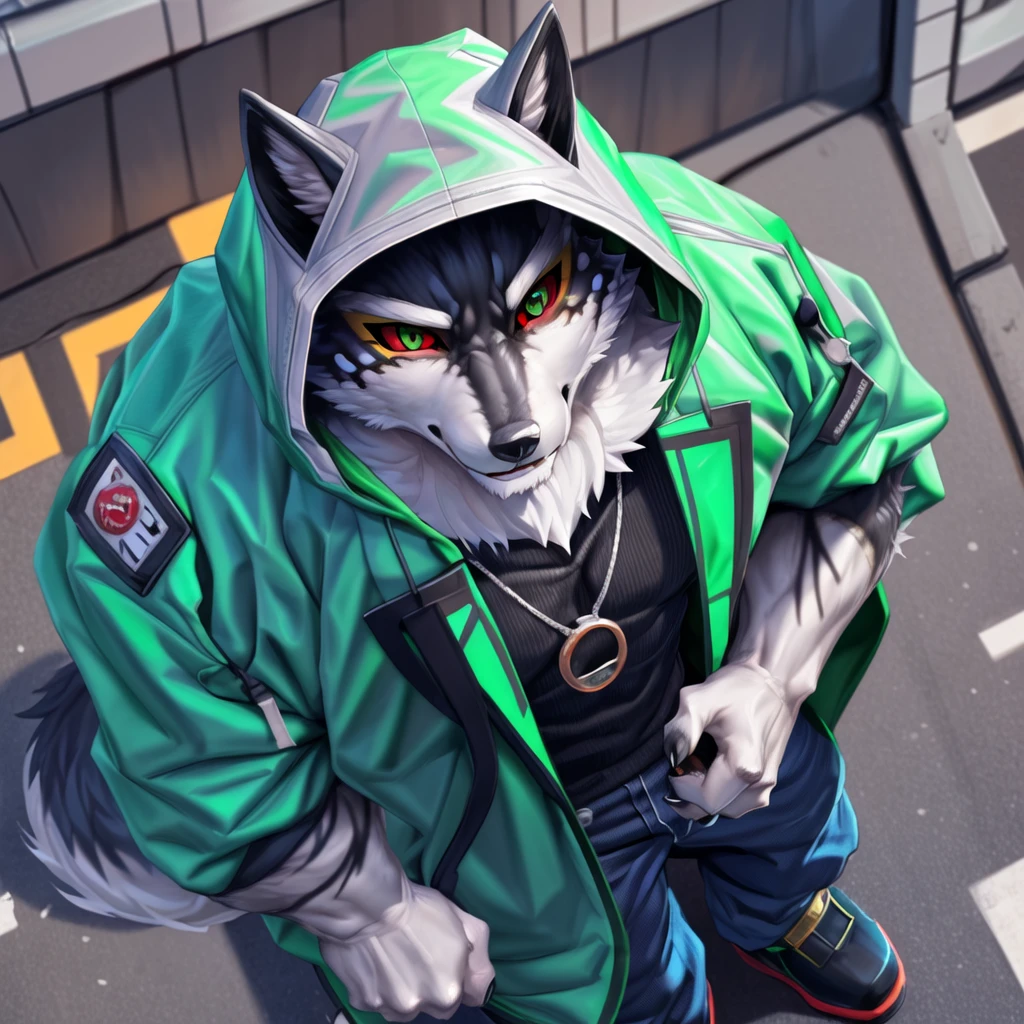 monomasa, furry, male, solo focus, Wolf, tail, by kiyosan, by Yupa, by Pino Daeni, (by null-ghost:0.8), (by drks:0.2), white hooded coat, hood up, pants, detailed eyes, black pupils, green eyes, red sclera, (yellow eyeshadow:0.8),  high-angle view, close-up, front