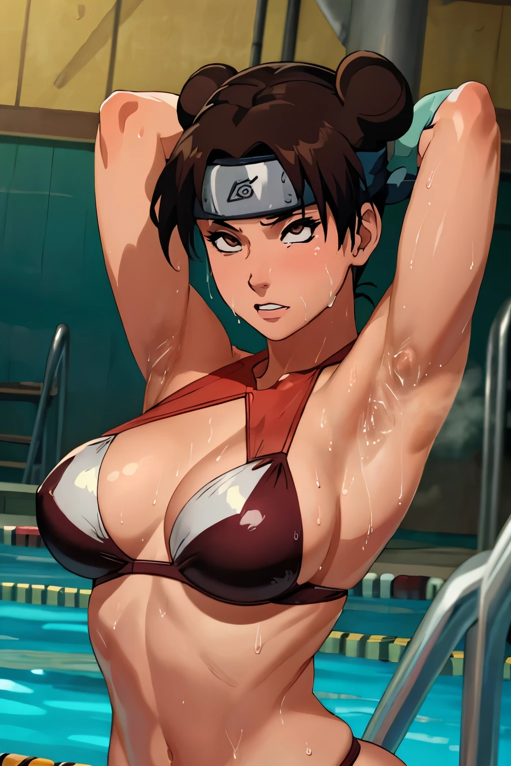 (best quality:1.3), Tenten by naruto, busty, cleavage, seductive, sexy, curvy body, big ass, big , (bikini cow), (( pool)),armpits,sweat,sweaty,sweaty armpits,arms up,showing armpits,awesome armpits,outfit,blackish red arm warmers