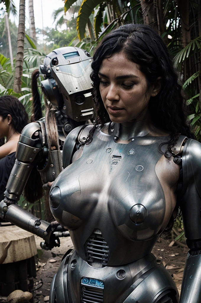 ((metal robot carries a naked woman in its arms)), jungle above, woman naked, curly Black hair, bary largebreasts, sweaty body. Robot futuristic mamy detailed metal elements in robot body