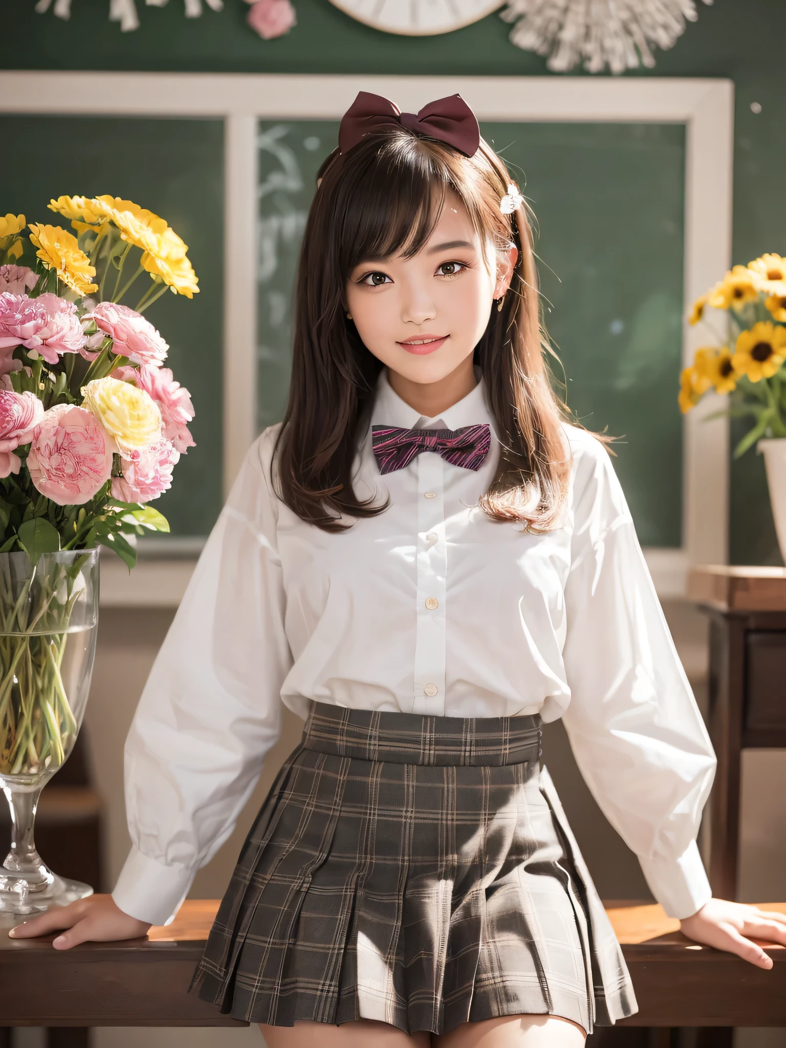 (1woman), bob hair, (round eyes:1.2), (highly detailed face and eyes), big smile,  Amazing face and eyes, (school uniform, skirt, bow tie:1.3), (Best Quality:1.4), (Ultra-detailed), (extremely detailed CG unified 8k wallpaper), Highly detailed, High-definition raw color photos, Professional Photography, Realistic portrait, indoors, (casual room, cute wallpapers:1.3), (A moment of relaxation), model, (studio photo shoots, cute backgrounds, many flower decorations), depth of fields, (fine face:1.2), summer,