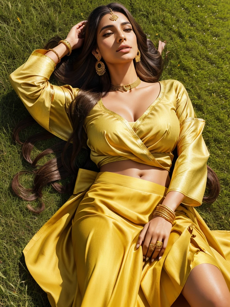 “Illustration of a woman with long flowing hair lying on grass. She wears a yellow gold blouse with elbow-length sleeves and a traditional wrap skirt with gold border detail. Her accessories include large earrings, bangles, and a bindi on her forehead. Her facial expression is calm and serene.”