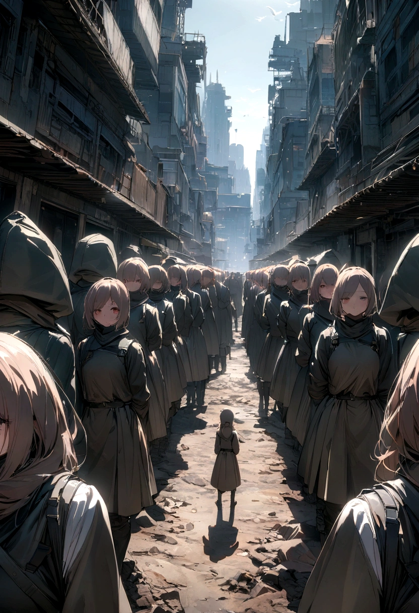 masterpiece, best quality, 8K, HDR, ultra detailed, wasteland、A group of 10 female space soldiers lined up、Bird's-eye view