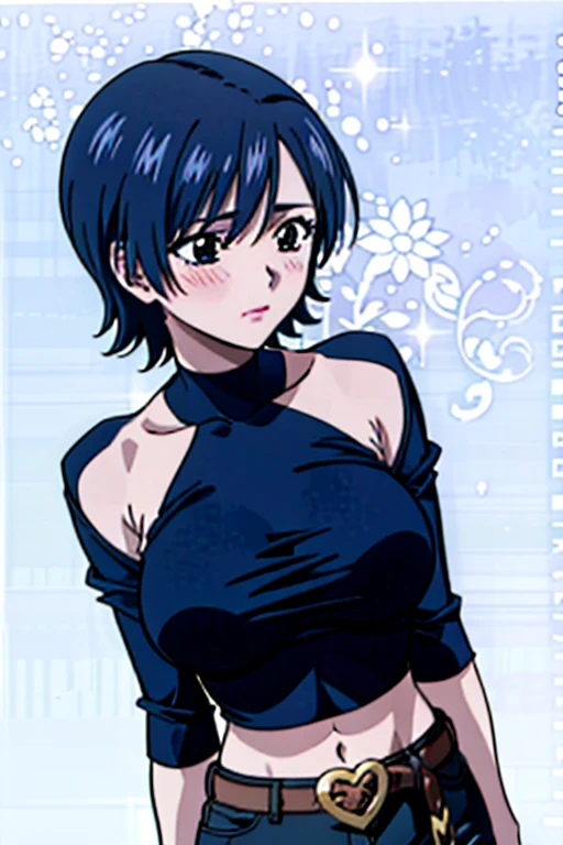 (beautiful detailed eyes, beautiful detailed hair, perfect detailed body), mikictr, 1girl, solo, black eyes, short hair, closed mouth, lipstick, blush, sagging large breasts, crop top, no bra, midriff, navel, upper body:1.5, standing, belt, blue short shorts, simple background