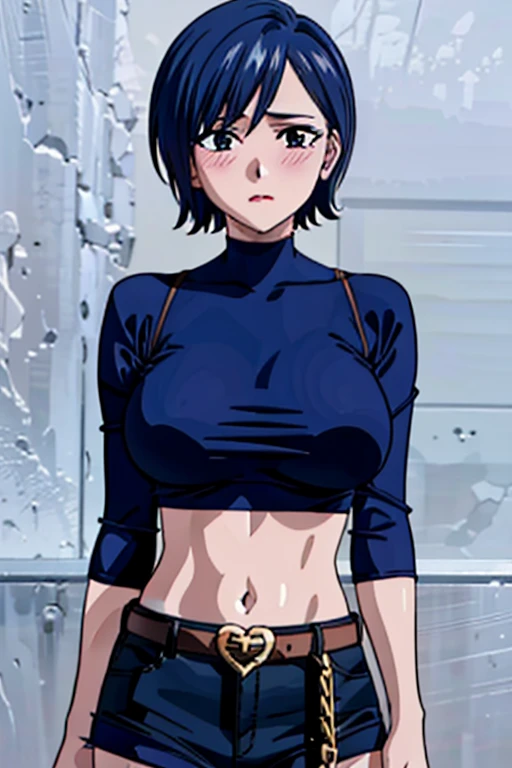 (beautiful detailed eyes, beautiful detailed hair, perfect detailed body), mikictr, 1girl, solo, black eyes, short hair, closed mouth, lipstick, blush, sagging large breasts, crop top, no bra, midriff, navel, upper body:1.5, standing, belt, blue short shorts, simple background