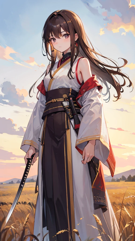 A 17-year-old girl with shoulder-length brown hair. turned around, wearing ancient clothes while holding his katana with his right hand. Standing on a wheat field. skinny, looking towards the horizon. His face is not seen.