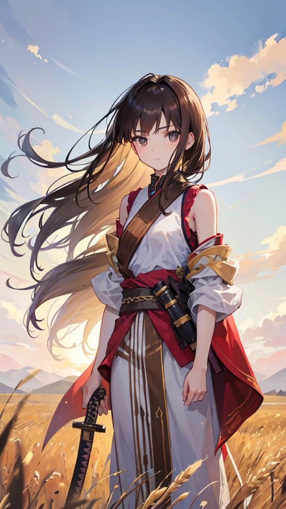 A -yeld giwith shoulder-length brown hair. turned around, wearing ancient clothes while holding his katana with his right hand. Standing on a wheat field. skinny, looking towards the horizon. His face is not seen.