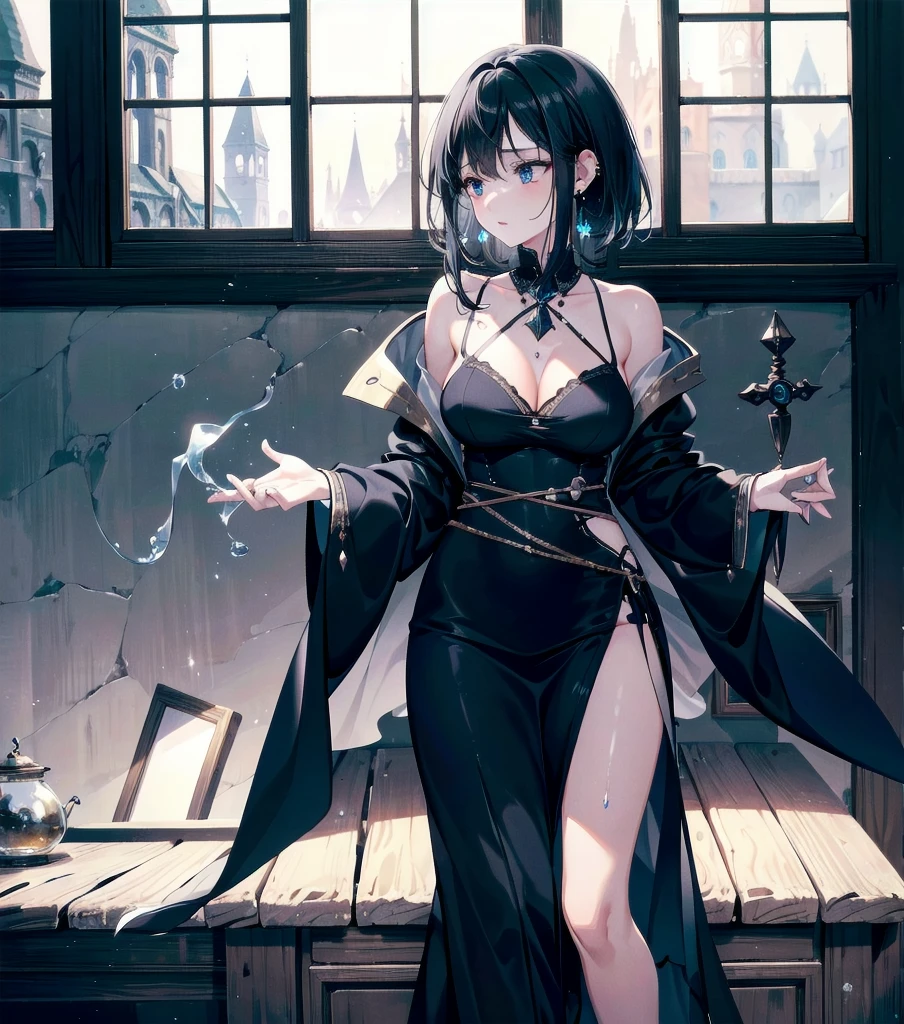 absurdres, RAW photo, extremely delicate and beautiful, masterpiece, Best Quality, ultra high resolution, 32k, hyperrealistic, ultra-detailed, in her 20s, delicate facial features, tearful mole, earring, medium breasts, full body shot, shorter middle hair, black hair, beautiful witch in her alchemist room, dressed in a traditional witch outfit,