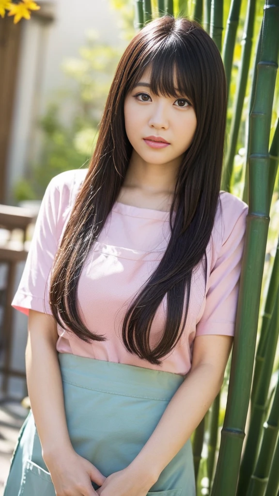 (Highly detailed CG Unity 8k wallpaper)、(masterpiece)、(Highest quality)、(Super detailed)、(Best illustrations)、(Best Shadow)、Ultra-high resolution、(Real、Photorealistic:1.2)、(Kyoko Otonashi:1.4)、(Long hair with bangs that fall on the forehead:1.4)、(Large Breasts:1.4)、((Pink shirt:1.2))、((Yellow apron:1.2))、(A small chick mark on the apron:1.2)、(Detailed bamboo broom:1.2)、(Casual sandals on your feet:1.2)、In the background is an old wooden apartment building。The posture is relaxed、Natural posture while holding a broom、Using lighting and shadows、Emphasizing three-dimensionality and realism、Please express natural light reflection、Puffy eyes、Close-up、Cloudy soft light、(Upper Body:1.4)