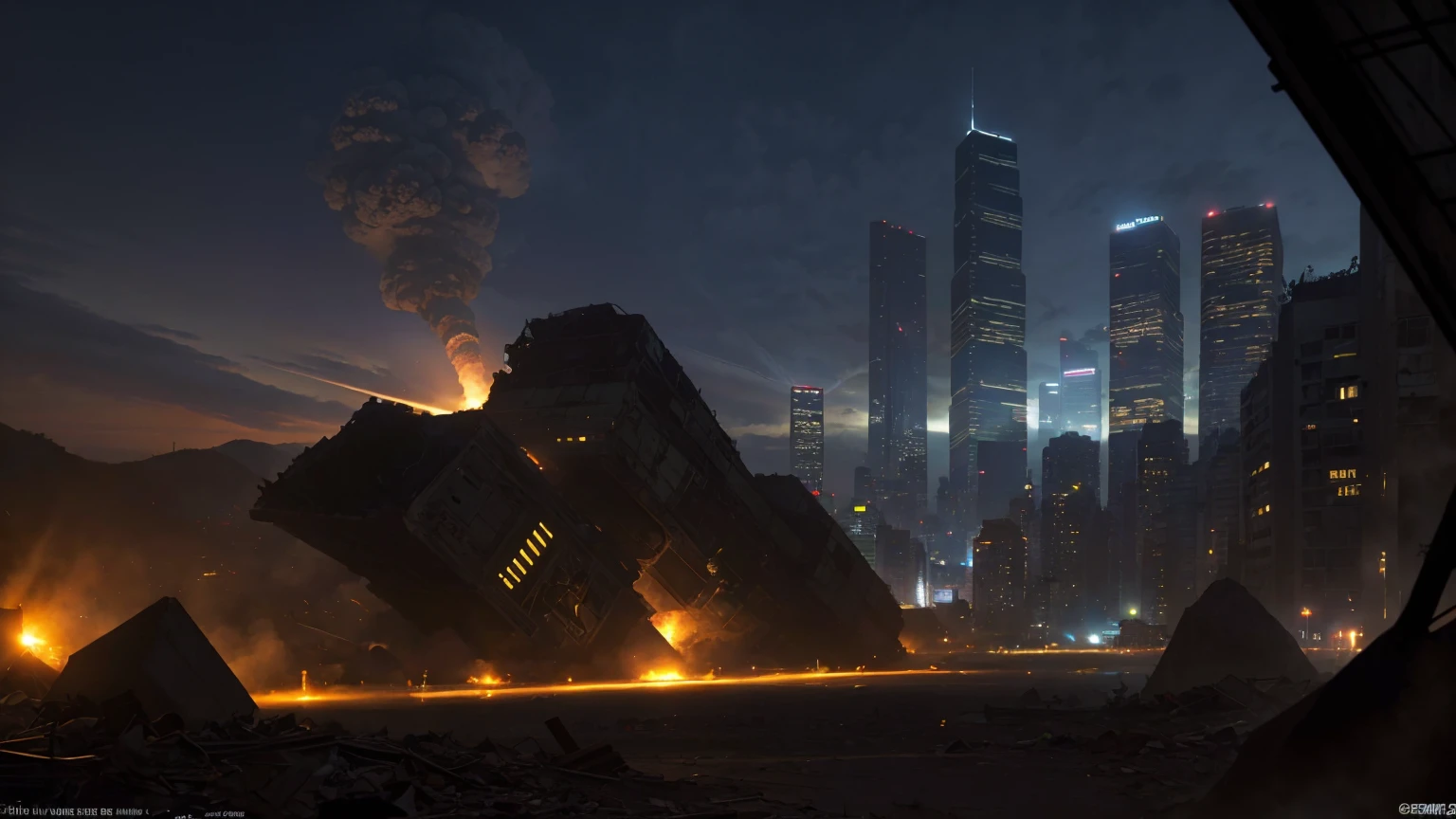 lookiing at a bright gigantic mid-air nuclear explosion over Kowloon from a hill top at Hong Kong island, explanding shockwave, apocalyptic, city in ruined, dark night time, masterpiece, realistic, detailed