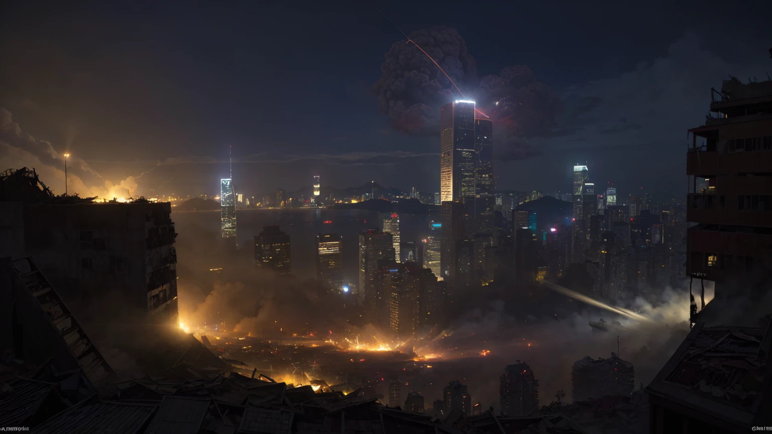 lookiing at a bright gigantic mid-air nuclear explosion over Kowloon from a hill top at Hong Kong island, explanding shockwave, apocalyptic, city in ruined, dark night time, masterpiece, realistic, detailed