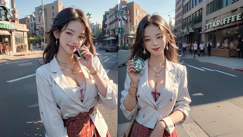 8K、RAW Photos、Highest quality、Super detailed、Super Resolution、Ultra HD、8K壁紙、Amazing details blazer uniform girl ((White blouse with formal collar, Blue Blazer,
Red Check Skirt, Red checkered ribbon on blouse)), Complete limbs, Full Finger,
((((((Starbucks outdoor cafe at the intersection))))))、(( female student))、( cake、Drink coffee、smile)))))、(((Heart Necklace、Gold bracelet)))
(((Emphasize cleavage)))
((((Full body photo、The whole body is visible、Full body portrait))))