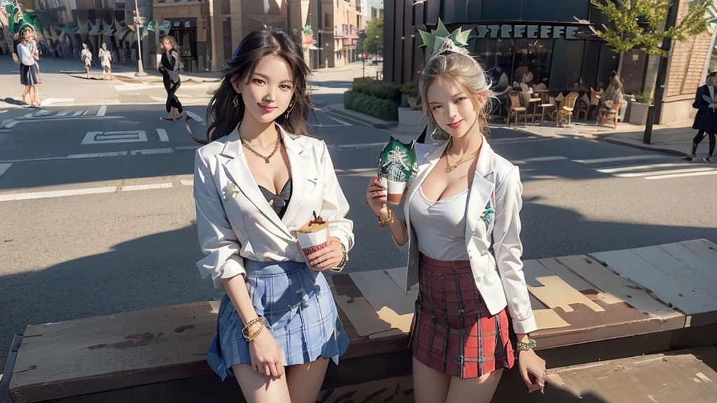 8K、RAW Photos、Highest quality、Super detailed、Super Resolution、Ultra HD、8K壁紙、Amazing details blazer uniform girl ((White blouse with formal collar, Blue Blazer,
Red Check Skirt, Red checkered ribbon on blouse)), Complete limbs, Full Finger,
((((((Starbucks outdoor cafe at the intersection))))))、((16 year old female student))、(((((Eat cake、Drink coffee、smile)))))、(((Heart Necklace、Gold bracelet)))
(((Emphasize cleavage)))
((((Full body photo、The whole body is visible、Full body portrait))))