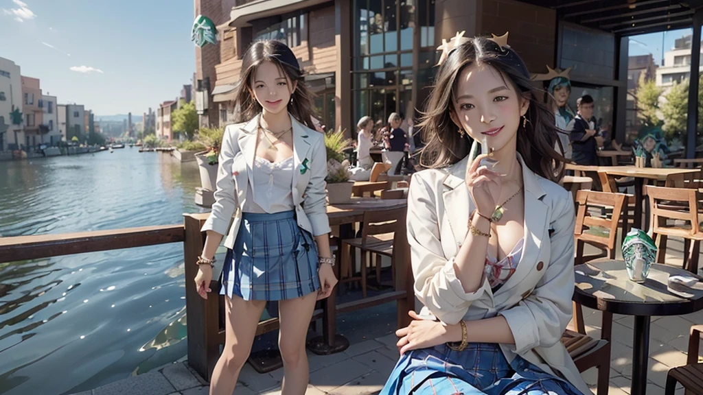 8K、RAW Photos、Highest quality、Super detailed、Super Resolution、Ultra HD、8K壁紙、Amazing details American blazer uniform girl ((White blouse with formal collar, Blue blazer, Blue plaid skirt, Red checkered ribbon on blouse)), Complete limbs, Full Finger, A large sunflower field in the countryside、Straight road、Walk through the sunflower field,smile、sun、School bag、Heart Necklace (Emphasize cleavage) (((Full body photo))) ((Blue sky))
((((Having a Starbucks Coffee))))