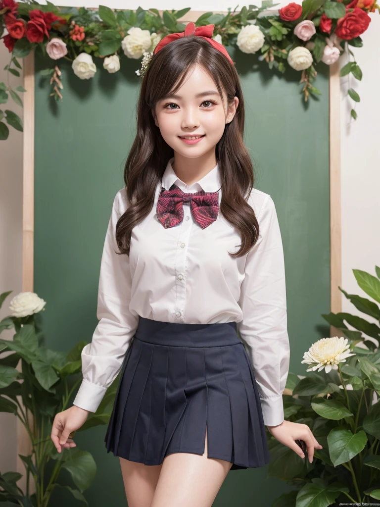 (1woman), (round eyes:1.2), (highly detailed face and eyes), big smile, Amazing face and eyes, (school uniform, skirt, bow tie:1.3), (Best Quality:1.4), (Ultra-detailed), (extremely detailed CG unified 8k wallpaper), Highly detailed, High-definition raw color photos, Professional Photography, Realistic portrait, indoors, (casual room, cute wallpapers:1.3), (A moment of relaxation), model, (studio photo shoots, cute backgrounds, many flower decorations), depth of fields, (fine face:1.2), summer,