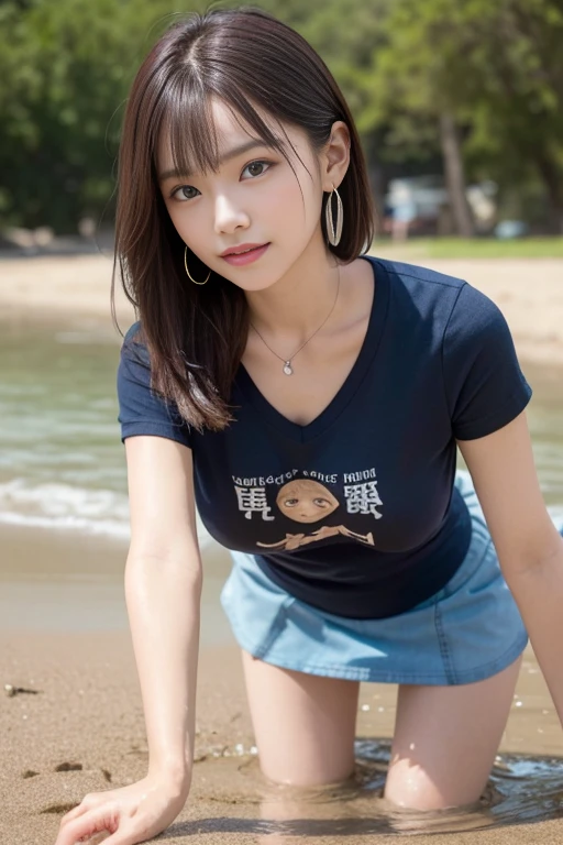 (((Spread your legs wide:1.35)))、(((Panties:1.35)))、(((mini skirt:1.35)))、(Outdoors:1.3)(Crouching on the sandy shore:1.3),(Get on all fours:1.7),(Seawater washing a woman away:1.7),(Sunset over the sea),(Oversized V-neck T-shirt:1.7),(Loose fitting T-shirt),(Loose fitting shirt:1.3),(Sexy white bikini pants:1.3),(Space between the T-shirt and small breasts:1.3),(Very small breastsの谷間のちらつき:1.3),(Very small breastsチラ:1.7),(Very small breastsチラ見せ:1.3)(A smile full of happiness:1.3),(((Accentuate small breasts:1.3))),(Dynamic Angle),(((Dynamic and sexy forward leaning posture:1.7))),(((Wet and shiny skin))),Very small breasts,Clothing gets messy due to movement,Chest Slip,One Girl,hairpin,necklace,Earrings,Looking up from below,Pointed red mouth,Blushing cheeks,He looks shyly at the viewer,(Shiny silver and orange striped shorthair),Looking into the camera,(Professional Lighting),(8K,Pieces fly,Highest quality,Ultra-high resolution output images,),Written boundary depth,Beautiful Hands,Beautiful fingers,Detailed finger features,Detailed hair features,Detailed facial features,Detailed clothing features,Wet Hair,Wet body,Wet costume,