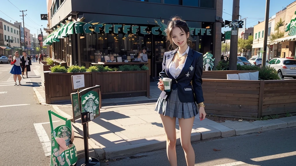 8K、RAW Photos、Highest quality、Super detailed、Super Resolution、Ultra HD、8K壁紙、Amazing details blazer uniform girl ((White blouse with formal collar, Blue Blazer,
Red Check Skirt, Red checkered ribbon on blouse)), Complete limbs, Full Finger,
((((((Starbucks outdoor cafe at the intersection))))))、((16 year old female student))、(((((Eat cake、Drink coffee、smile)))))、(((Heart Necklace、Gold bracelet)))
(((Emphasize cleavage)))
((((Full body photo、The whole body is visible、Full body portrait))))