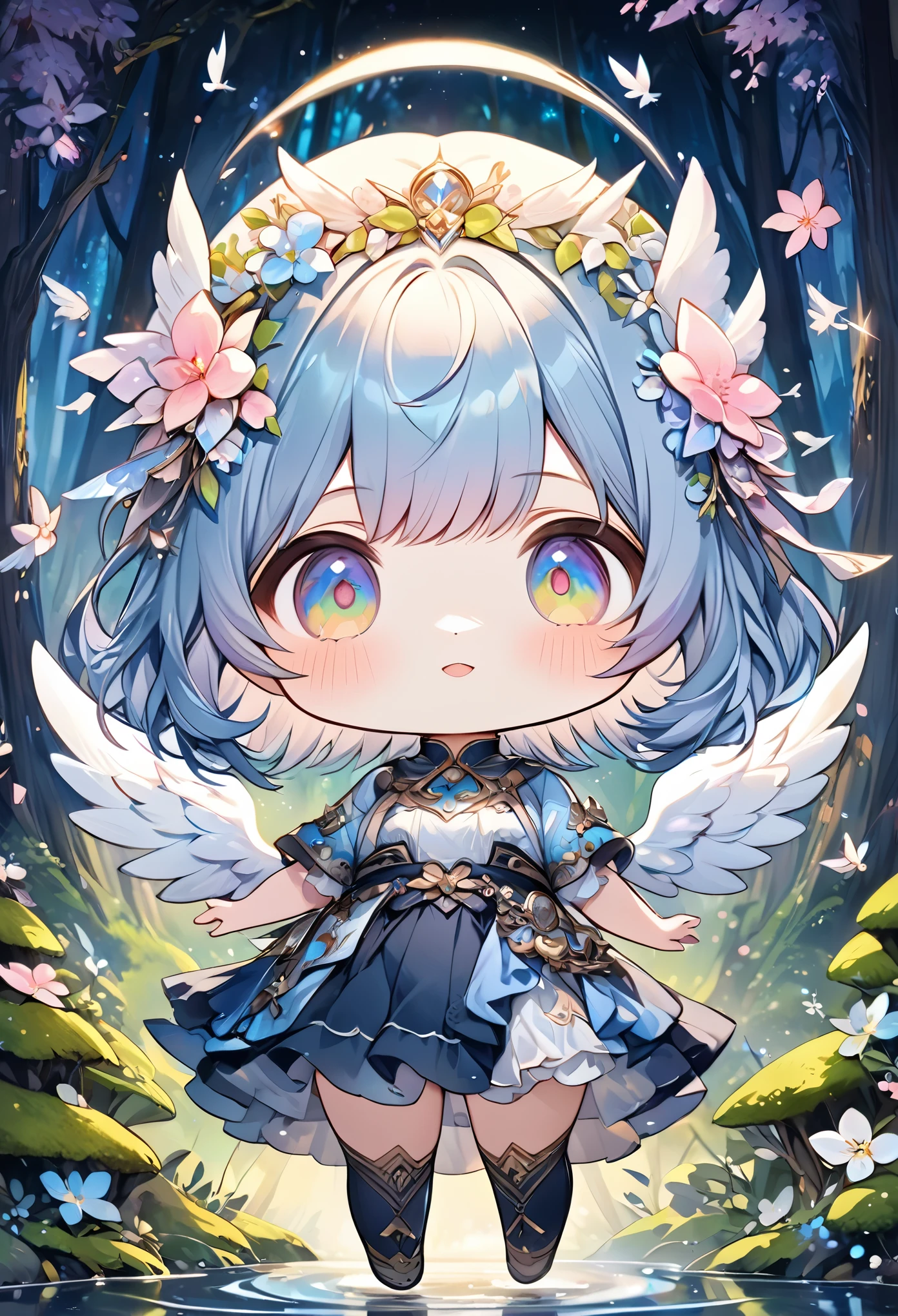 best quality, super fine, 16k, incredibly absurdres, extremely detailed, 2.5D, delicate and dynamic depiction, fusion of watercolors and oil paintings, chibi, cute flying angels, heavenly forests, beautiful landscapes, soft and gentle effects, vivid and pastel colors