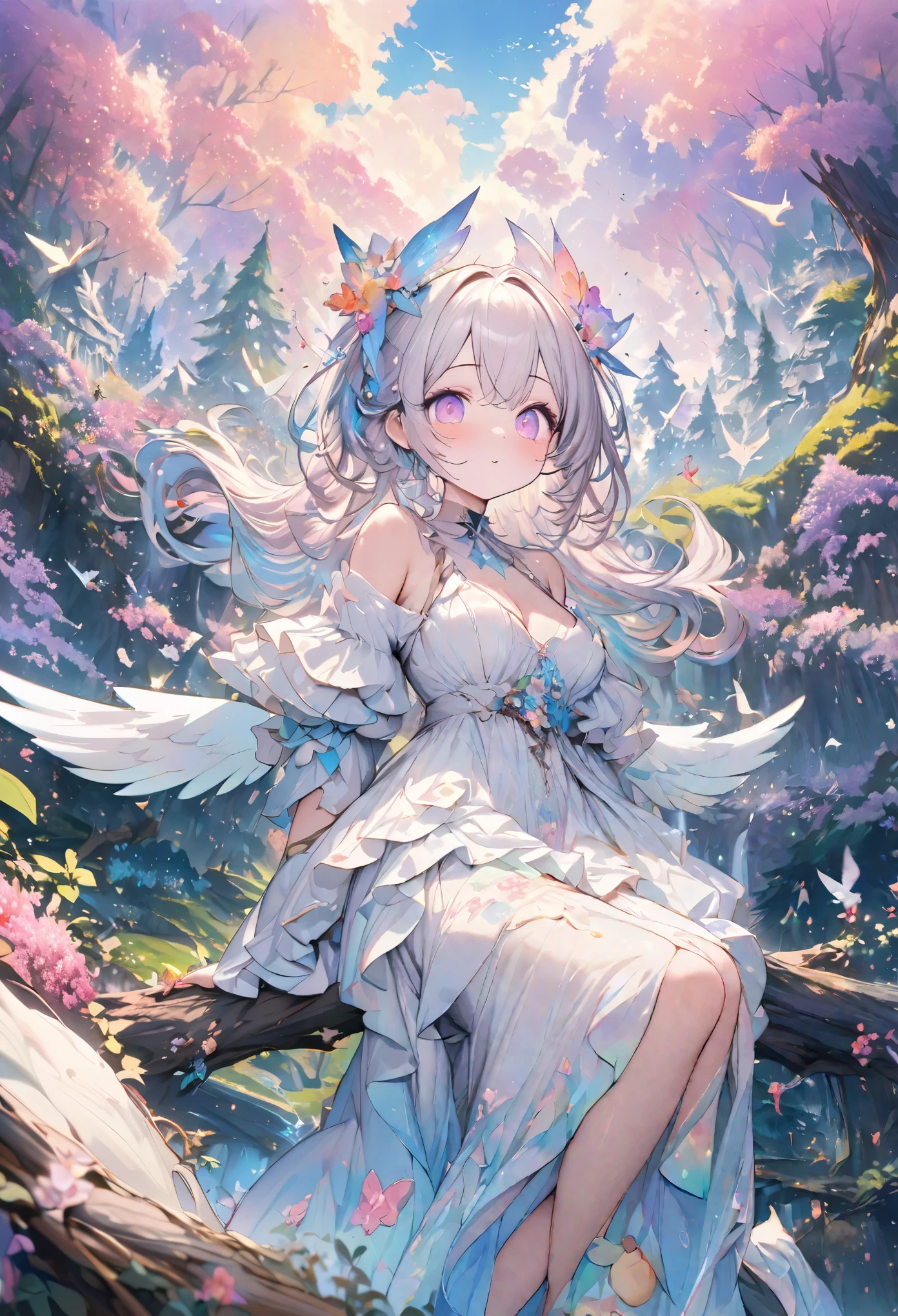 best quality, super fine, 16k, incredibly absurdres, extremely detailed, 2.5D, delicate and dynamic depiction, fusion of watercolors and oil paintings, chibi, cute flying angels, heavenly forests, beautiful landscapes, soft and gentle effects, vivid and pastel colors