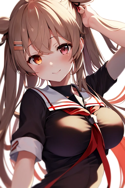 (masterpiece), 1girl, bbmurasa, long hair, two side up, hair flaps, hairclip, heterochromia, red eyes, brown eyes, white sailor collar, red neckerchief, black shirt, unaligned breasts, (large breasts:1.3), Dynamic Angle, highly detailed, best quality, looking at viewer, gentle smile, close-up,