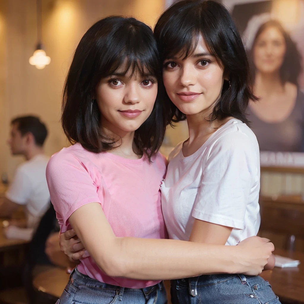 realistic 4D caricature photo, a woman with shoulder-length black hair with bangs and wearing a pink t-shirt and jeans. was hugging tightly a taller woman with short sides wearing a white t-shirt and jeans. background in a cafe, softlight.