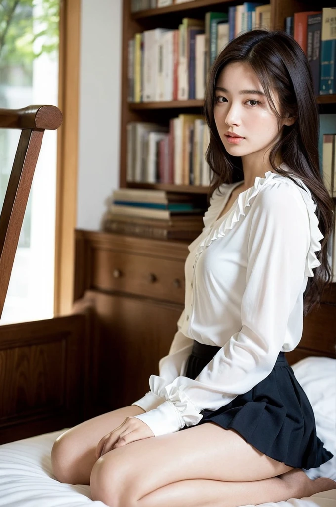 プロンプトマージ
Capture the serene beauty of a young woman immersed in the peaceful ambiance of a library. The soft, diffused lighting gently illuminates her features, highlighting her delicate expressions and creating an atmosphere of tranquility. The library's shelves filled with books provide a backdrop of knowledge and wisdom. Focus on capturing the model's natural charm and elegance, preserving the essence of a serene and introspective moment. A lovely 21-year-old Japanese gravure model with soft, wavy, ash-brown hair adorned with a ribbon, captivates with a mesmerizing expression. She is wearing a white blouse with frills, a blue skirt with frills, and white ankle socks with frills. Sitting on the bed, she embraces her knees while gazing towards the camera, exuding a melancholic allure. Create a scene where beauty and transience intertwine.