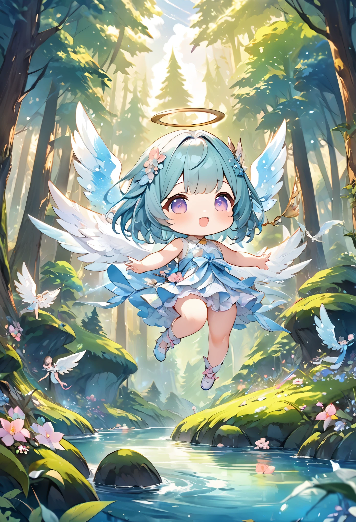 best quality, super fine, 16k, incredibly absurdres, extremely detailed, 2.5D, delicate and dynamic depiction, fusion of watercolors and oil paintings, chibi, cute flying angels, heavenly forests, beautiful landscapes, soft and gentle effects, vivid and pastel colors