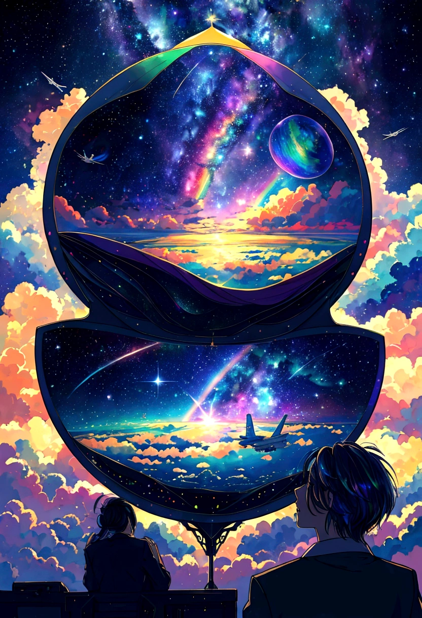 A plane flying in a rainbow sky,colorful,beauttiful stars,wonderful景色,Utopia,An atmosphere full of dreams and hope,masterpiece.16K, Ultra-high resolution, Ultra-high resolution, to be born,wonderful ,future、Iridescent、The world 30 years from now。