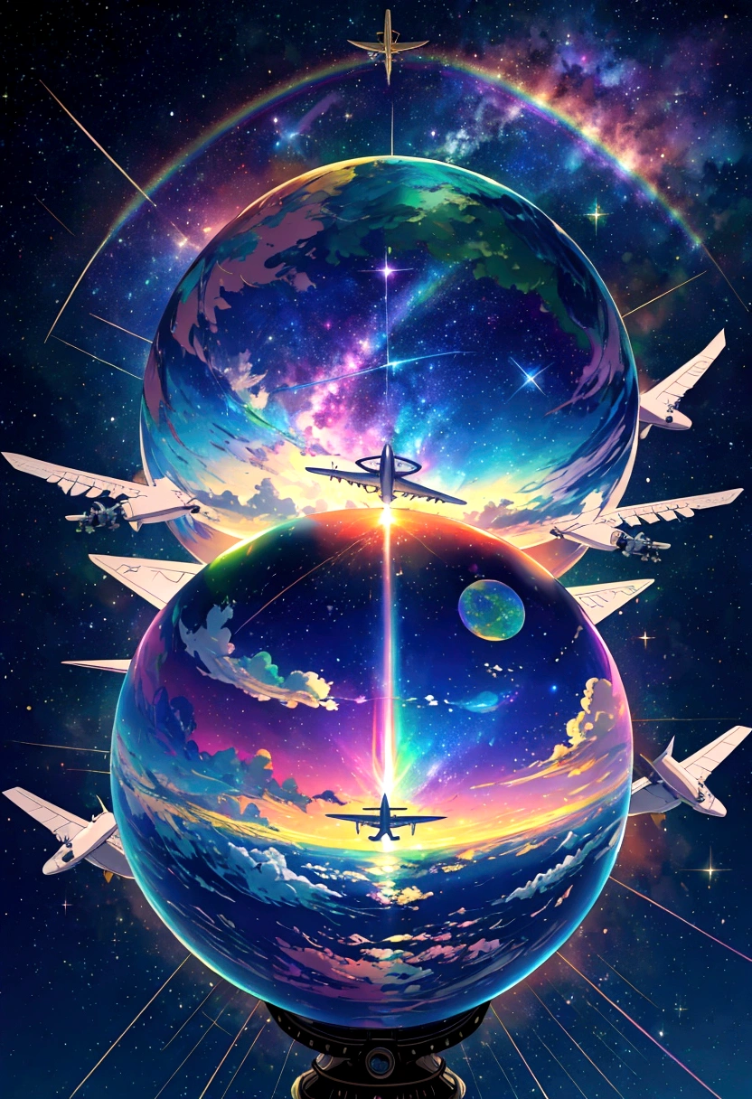 A plane flying in a rainbow sky,colorful,beauttiful stars,wonderful景色,Utopia,An atmosphere full of dreams and hope,masterpiece.16K, Ultra-high resolution, Ultra-high resolution, to be born,wonderful ,future、Iridescent、The world 30 years from now。