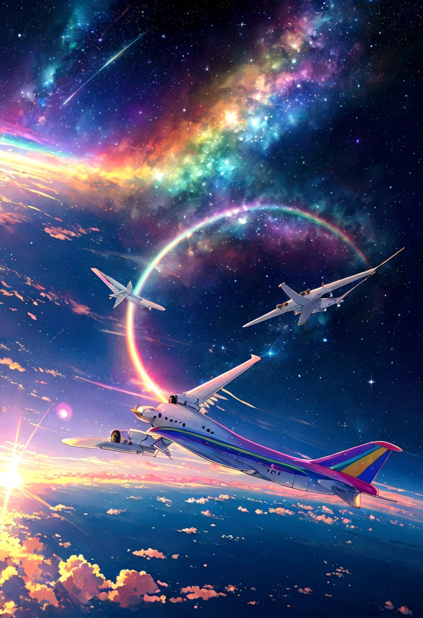 A plane flying in a rainbow sky,colorful,beauttiful stars,wonderful景色,Utopia,An atmosphere full of dreams and hope,masterpiece.16K, Ultra-high resolution, Ultra-high resolution, to be born,wonderful ,future、Iridescent、The world 30 years from now。