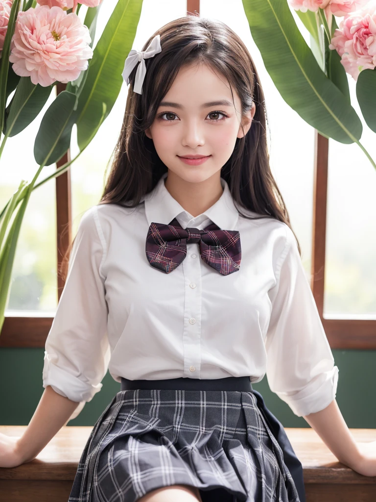 (1woman), (round eyes:1.2), (highly detailed face and eyes), refreshing smile, Amazing face and eyes, (school uniform, skirt, bow tie:1.3), (Best Quality:1.4), (Ultra-detailed), (extremely detailed CG unified 8k wallpaper), Highly detailed, High-definition raw color photos, Professional Photography, Realistic portrait, indoors, (casual room, cute wallpapers:1.3), (A moment of relaxation), model, (studio photo shoots, cute backgrounds, many flower decorations), depth of fields, (fine face:1.2), summer,